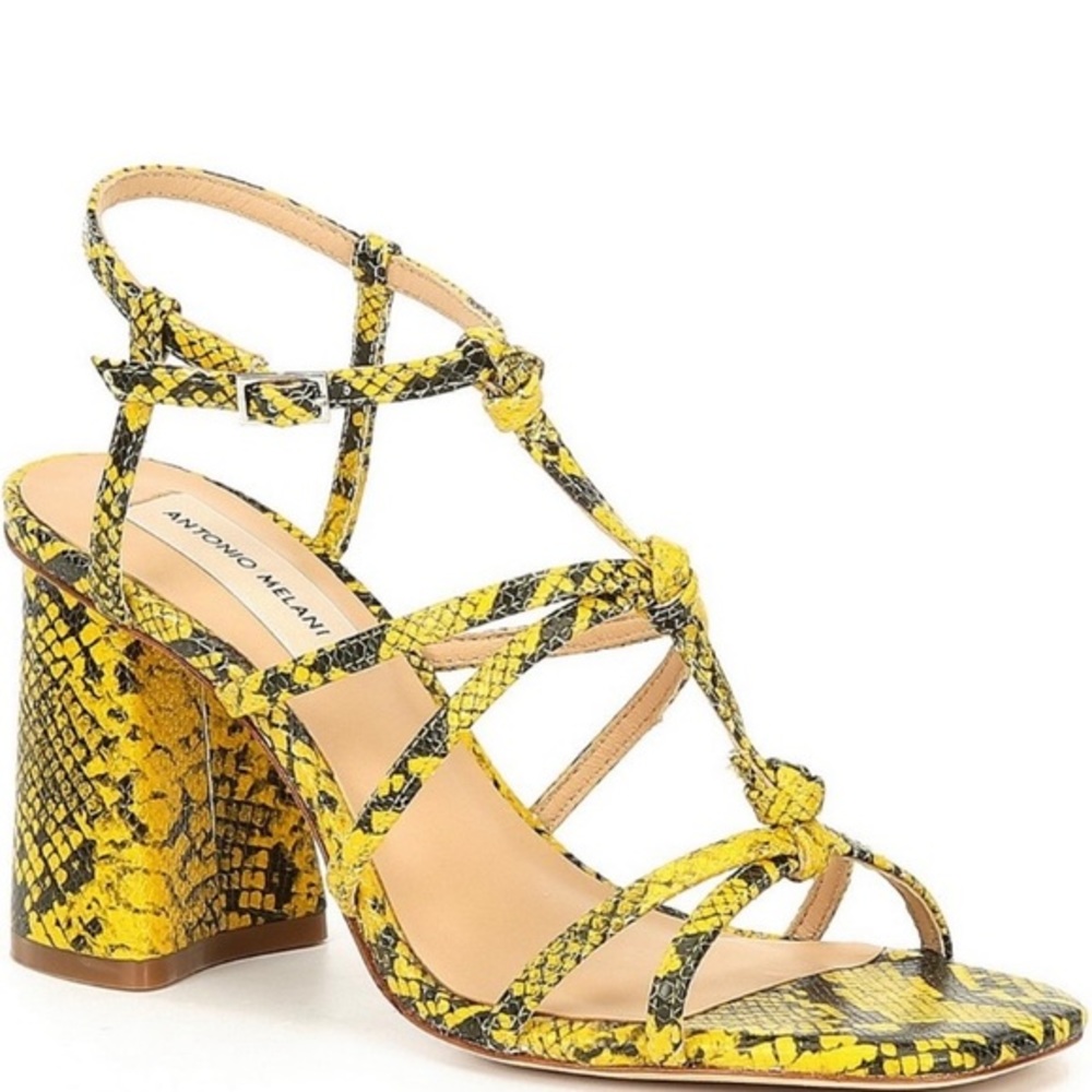 Antonio Melani Bayslie Yellow Black Snake Print Block Sandal Heels Women 7.5 EUC
